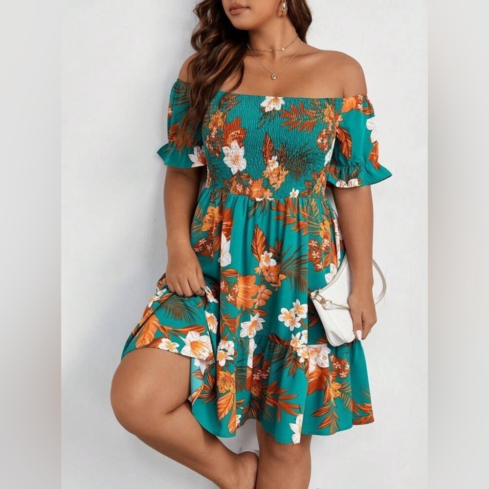 SHEIN Tropical Print Off the Shoulder Ruffle Short Sleeve Dress size 1XL
